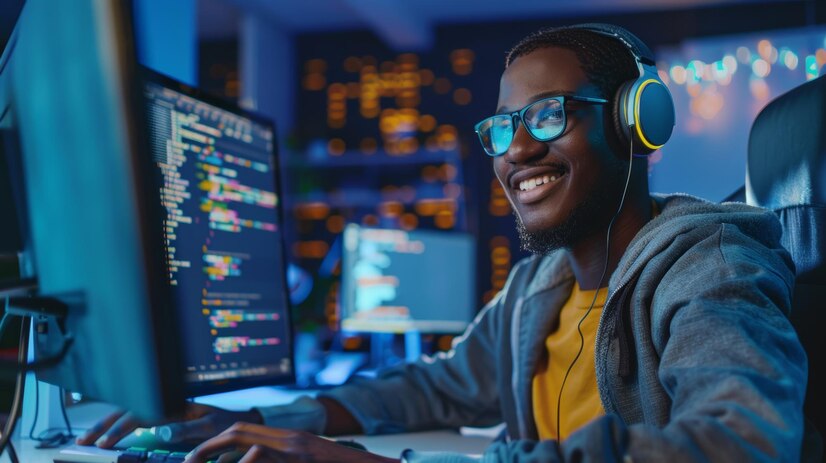 photograph focused it programmer wearing headphones working computer looking camera smiling black male software engineer developing innovative app program video 76964 246159